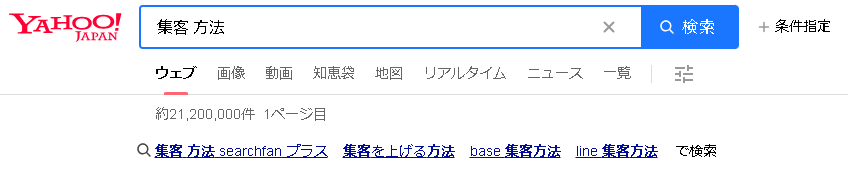 ▲Yahoo!JAPANで「集客 方法」（スペース有）で検索した時の検索結果