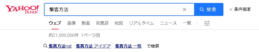 ▲Yahoo!JAPANで「集客方法」（スペース無）で検索した時の検索結果