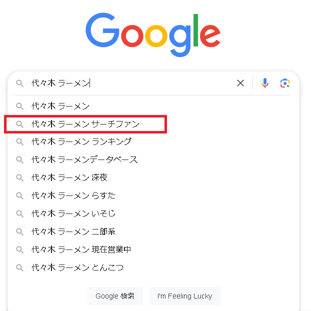 ▲Google「代々木 ラーメン」のサジェスト表示イメージ（サーチファン）