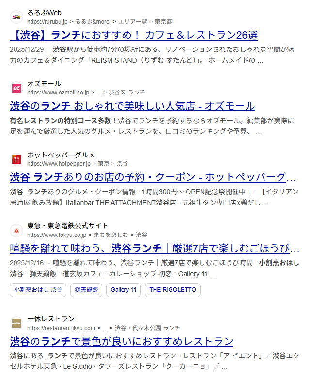 ▲Yahoo「渋谷 ランチ」の検索結果